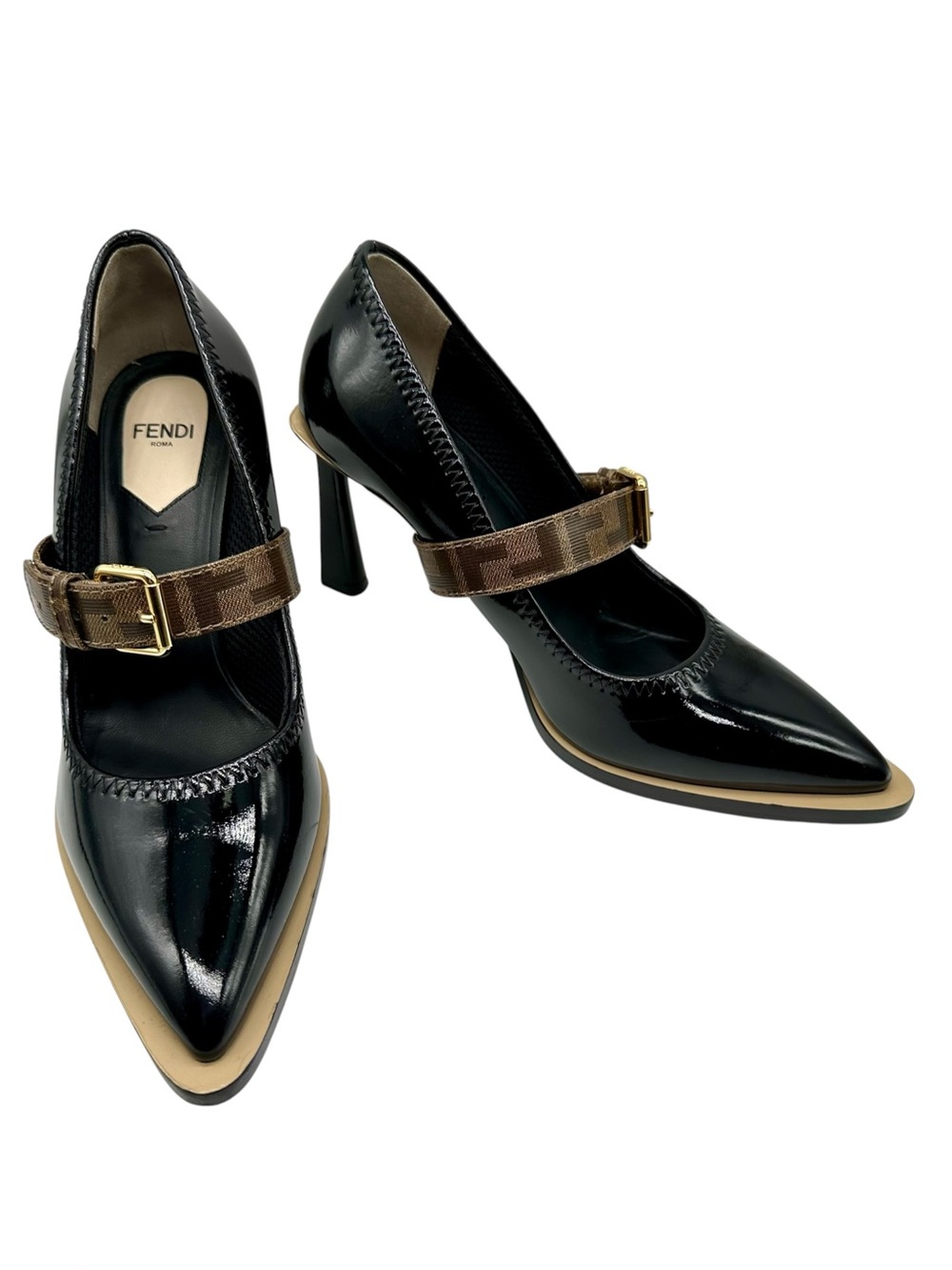 Fendi Black Glossy Mary Jane FFRAME Court Heels Pumps 37/7